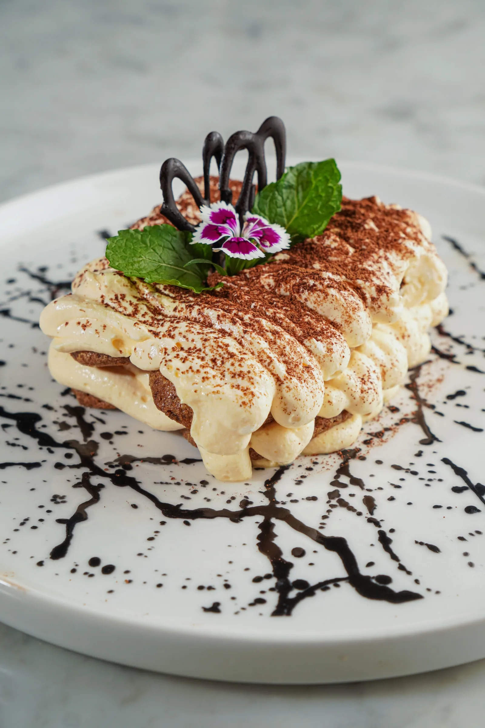 Tiramisu dessert with cocoa powder, chocolate garnish, mint leaf and pink flower on white plate
