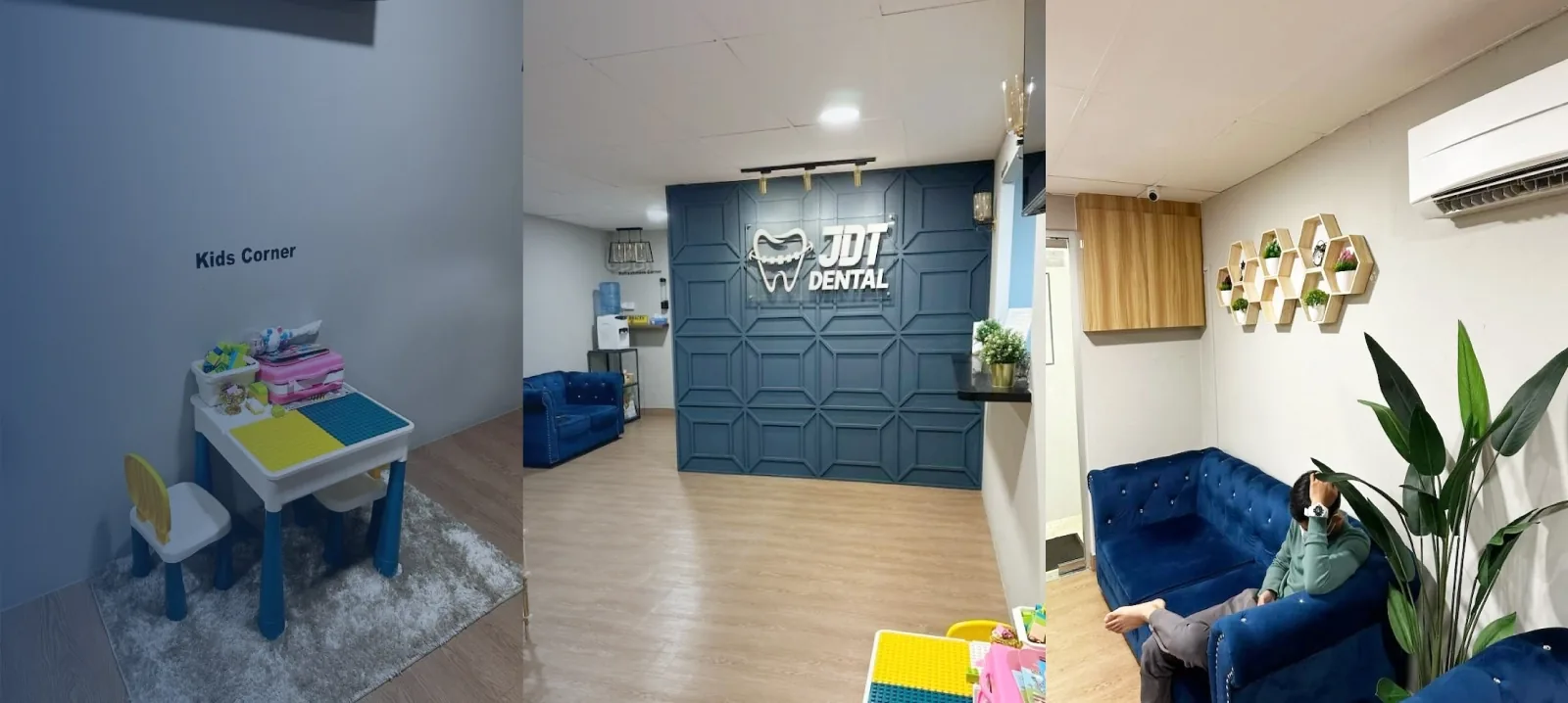 Dental clinic reception area with blue accent wall, waiting seating, and kids play corner
