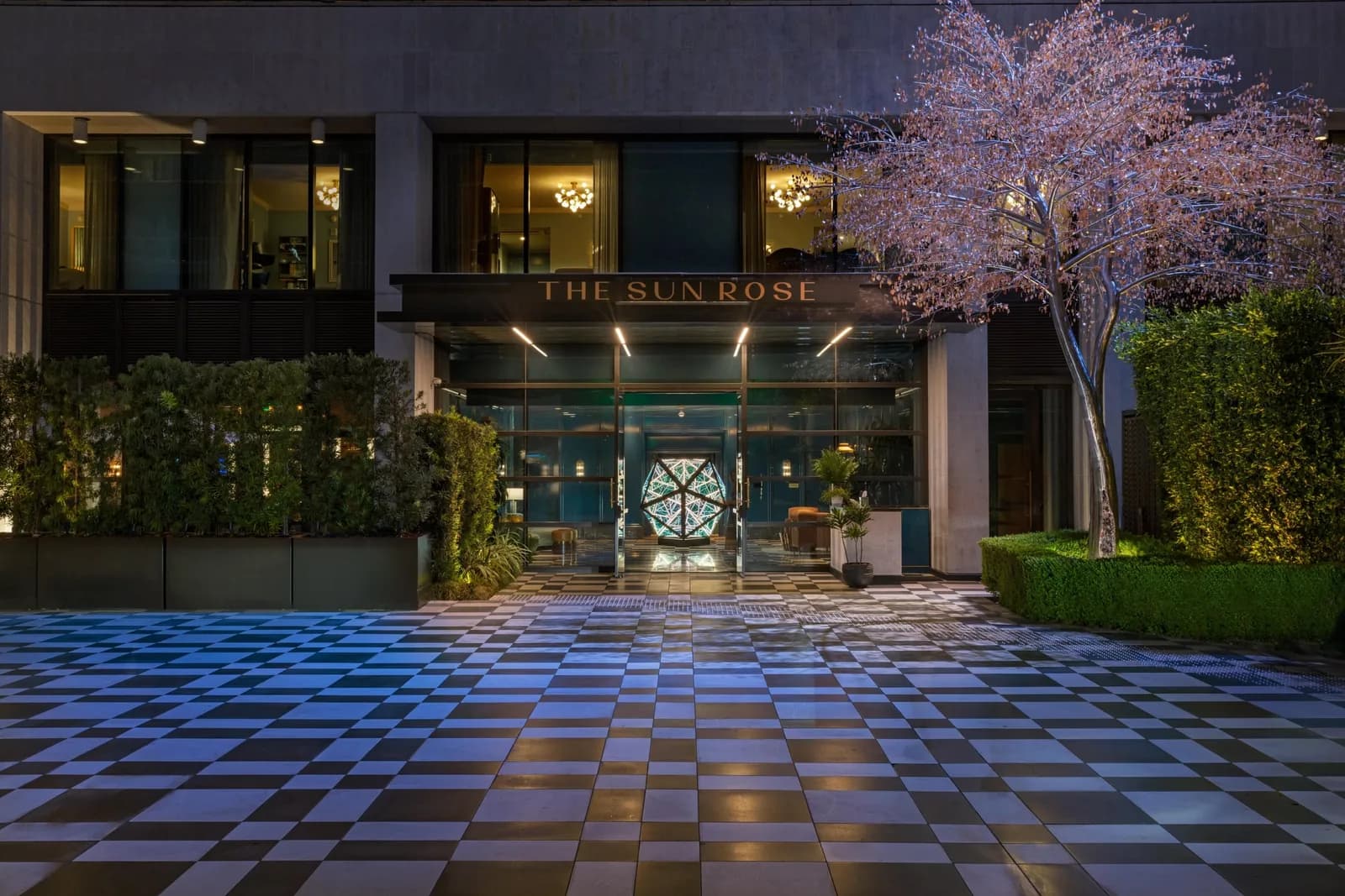The Sun Rose restaurant storefront at twilight with lit signage, blooming tree, and geometric paved courtyard