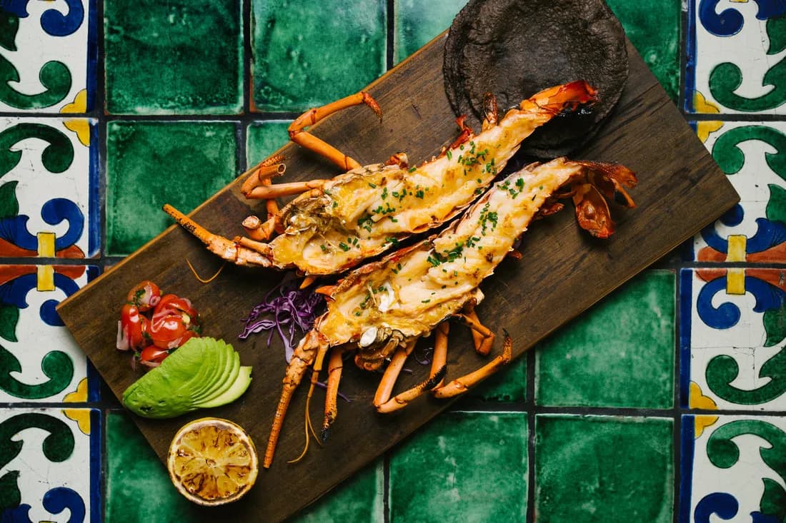 Grilled lobster halves with herbs on slate, served with avocado and lemon on colorful tile background