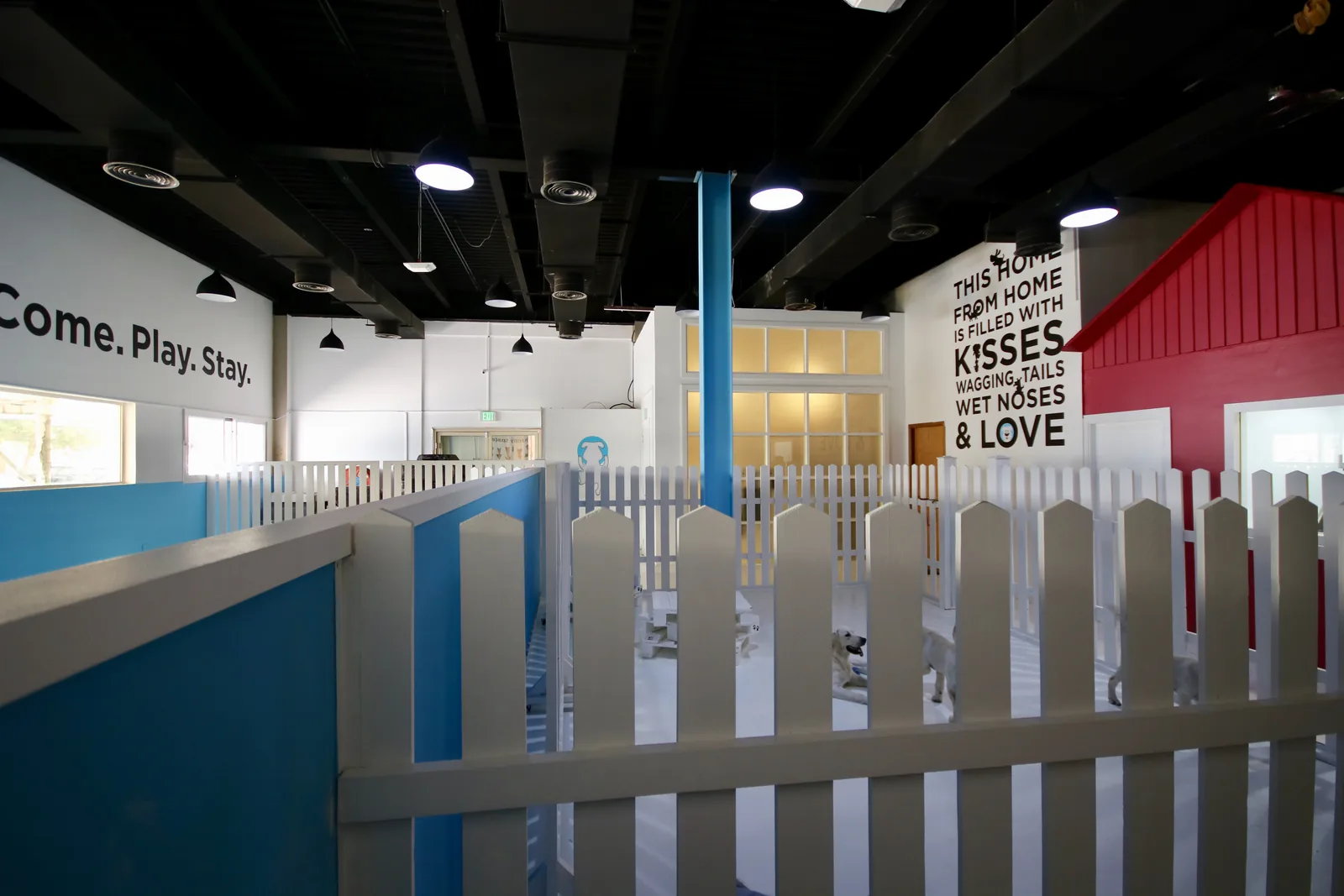 Pet boarding facility interior with white fencing, blue support column, and welcoming signage on walls.