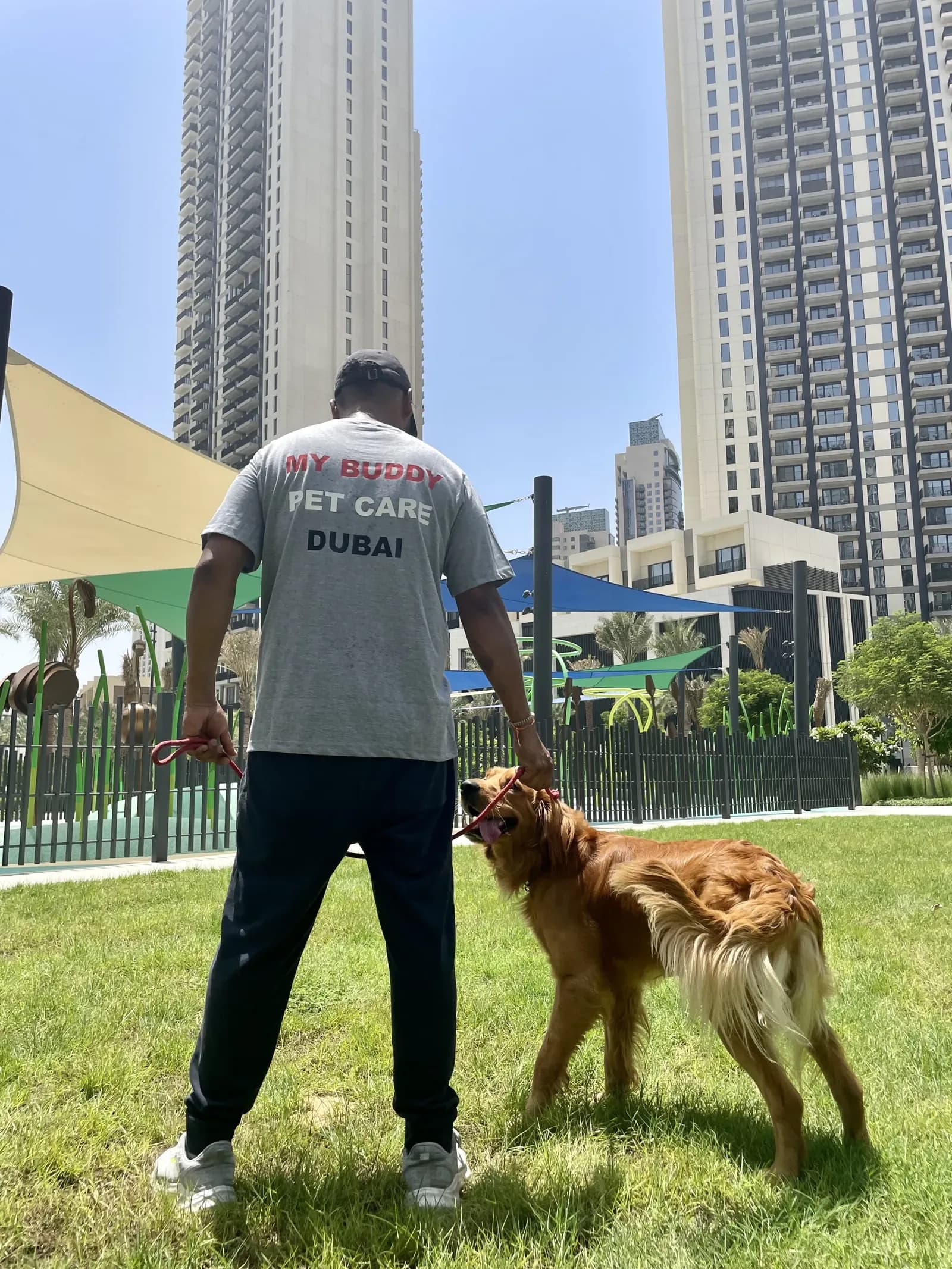 Staff member with golden dog in outdoor pet care facility play area, Dubai