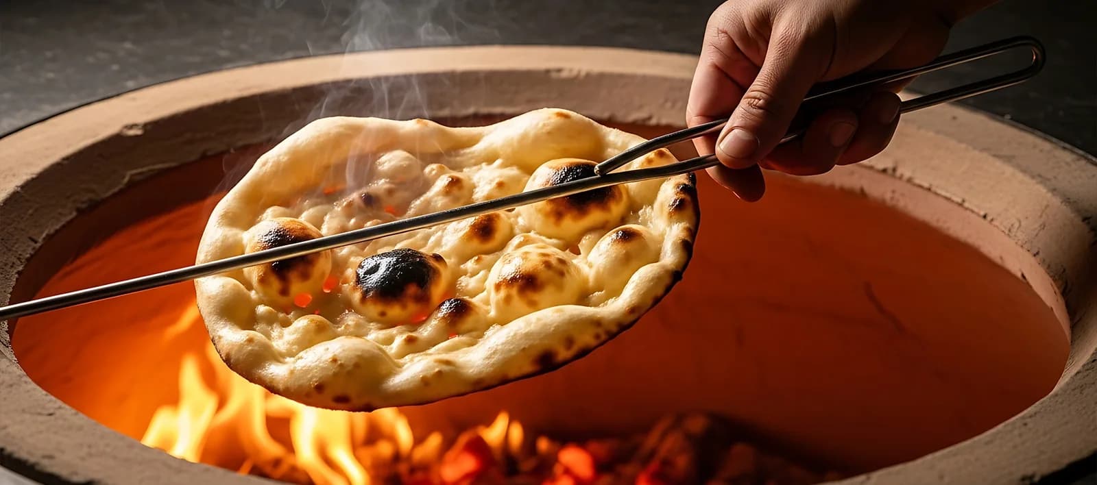 Naan being pulled from a tandoor oven with chopsticks, charred spots visible
