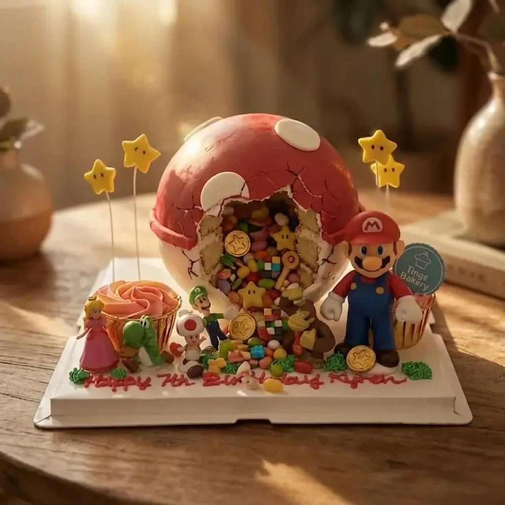 Custom Mario-themed birthday cake with red egg shell, character figurines, and colorful candy decorations