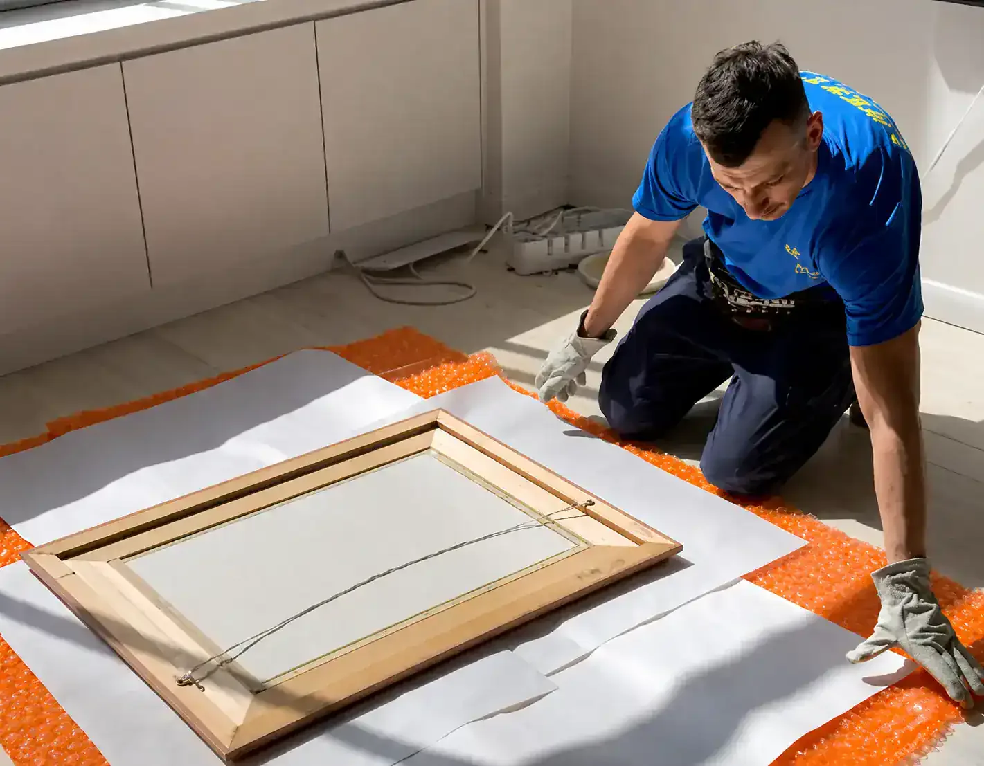 Moving worker wrapping furniture with protective materials in preparation for storage