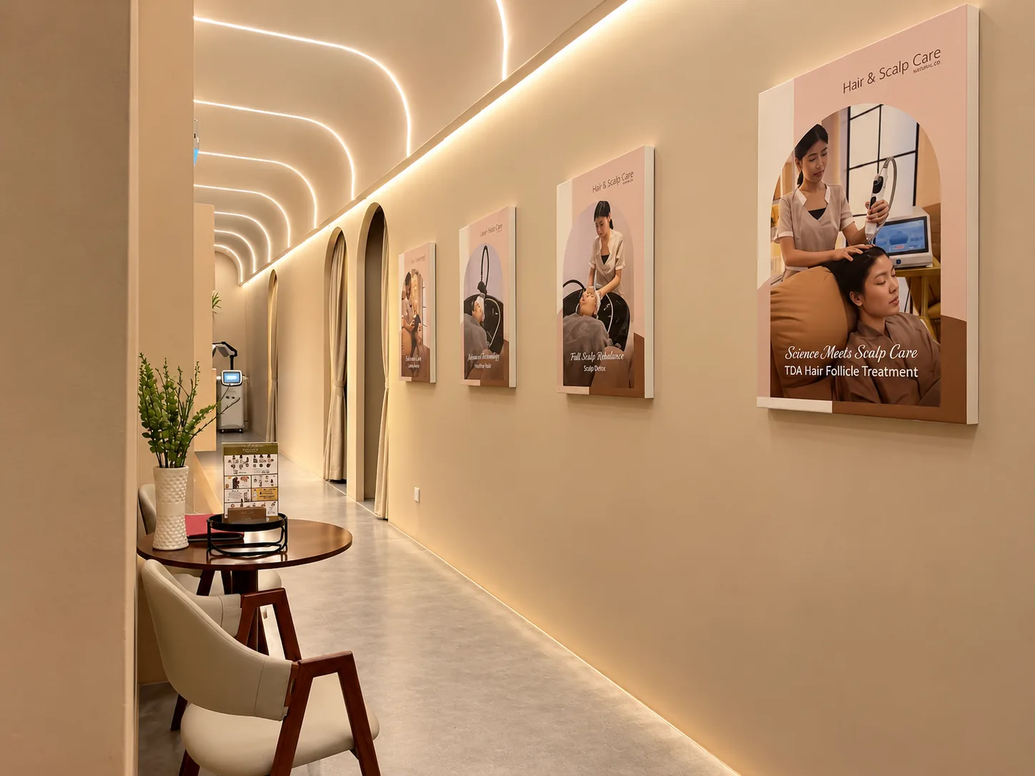 Sleek spa hallway with neon ceiling lights, mirrors, waiting area with white chairs, and service treatment posters on walls