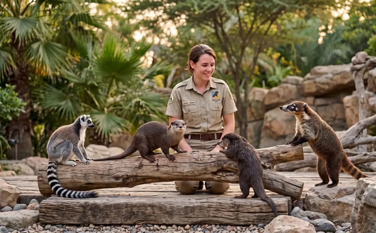 Zookeeper with meerkats and lemur in a sandy enclosure surrounded by logs and tropical plants.