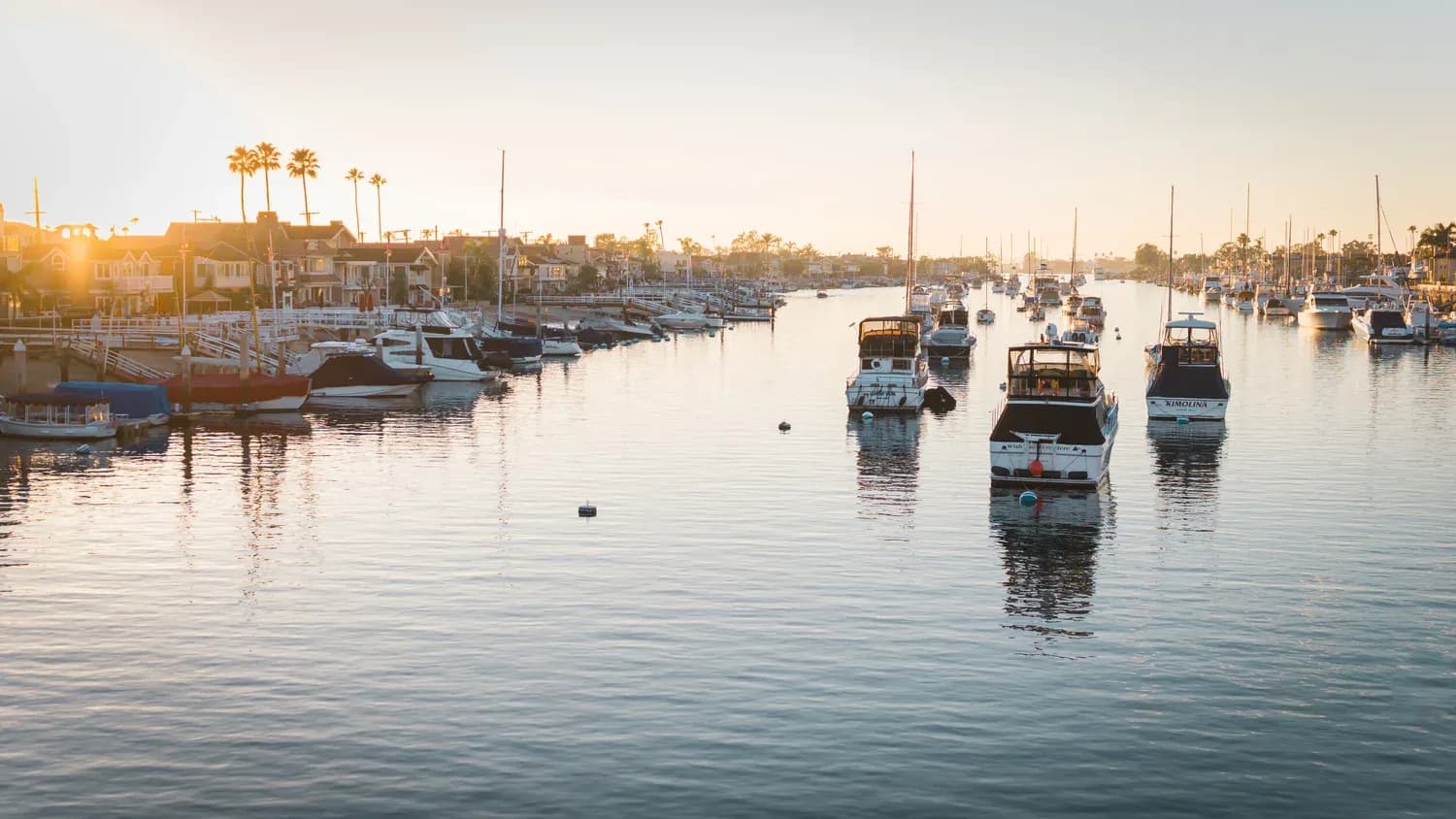 Harbor filled with moored sailboats and motor yachts at sunset with waterfront buildings and palm trees.