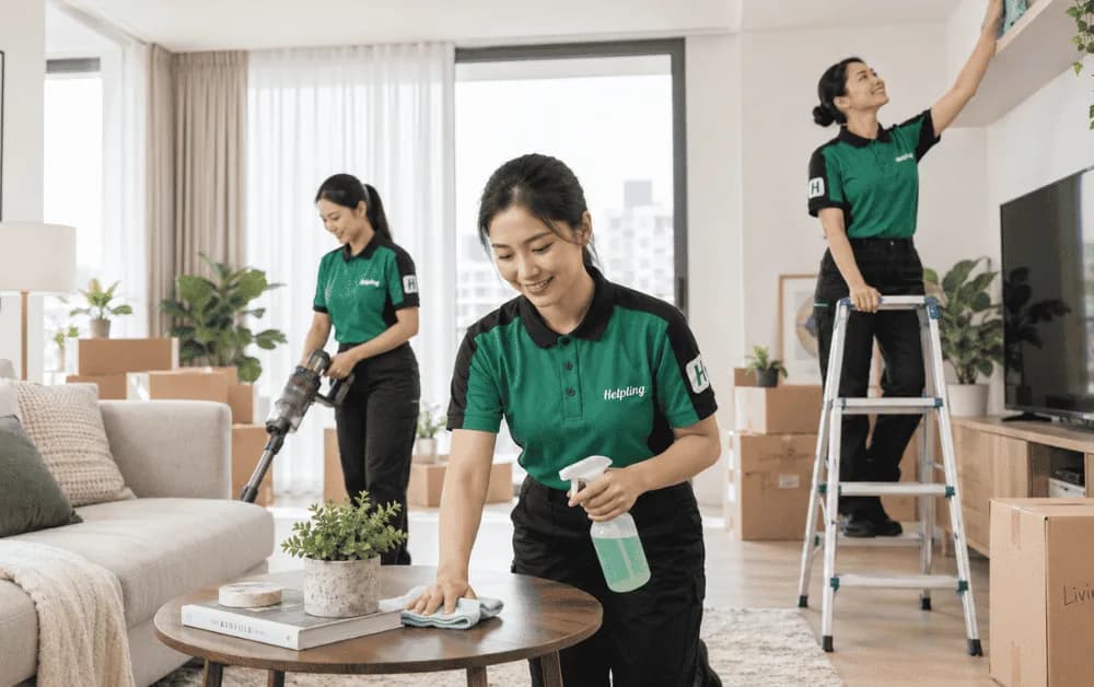 Three cleaners in Helpling uniforms working in a bright apartment interior