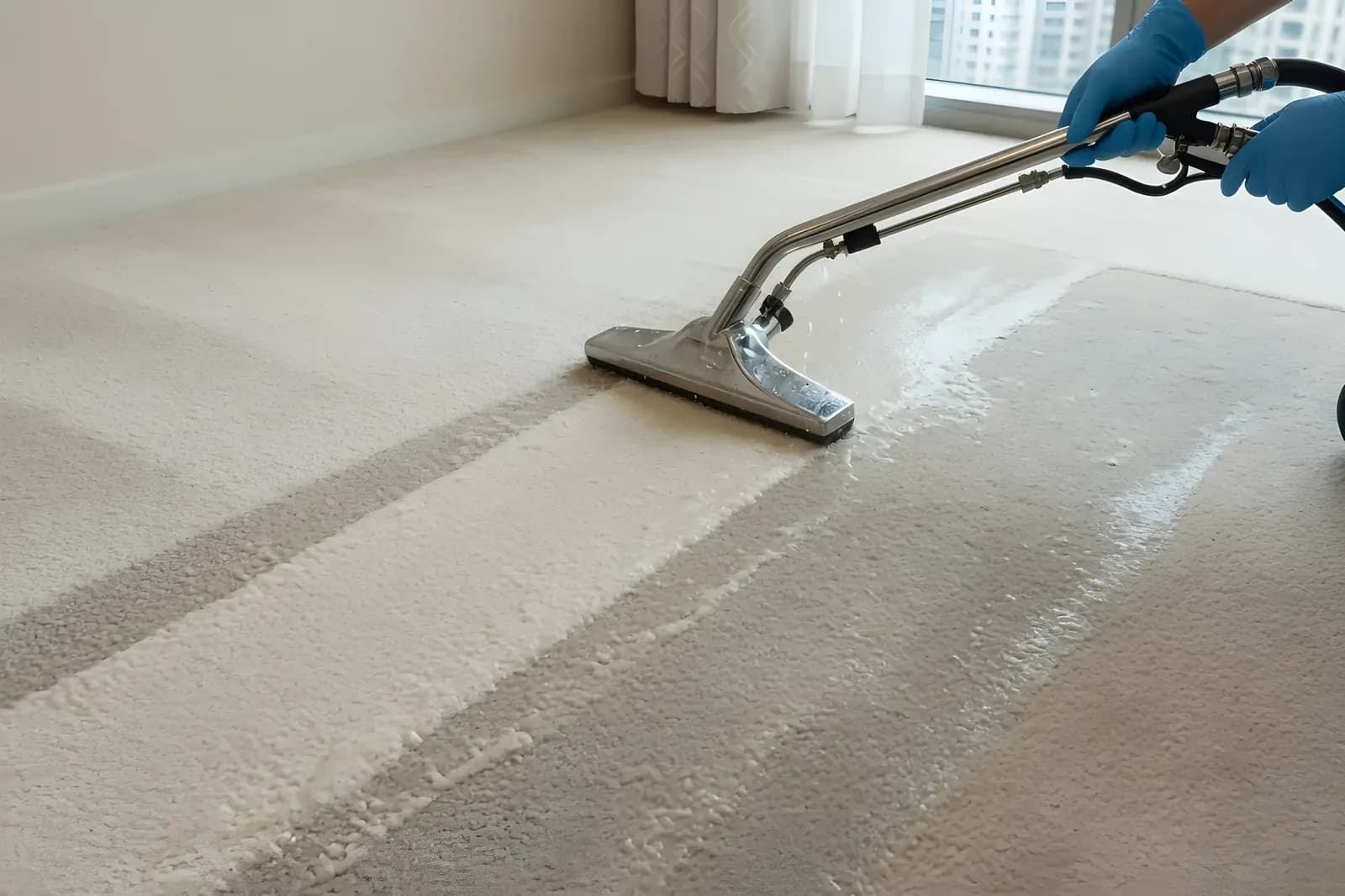Professional carpet cleaning in progress with specialized equipment in a modern apartment