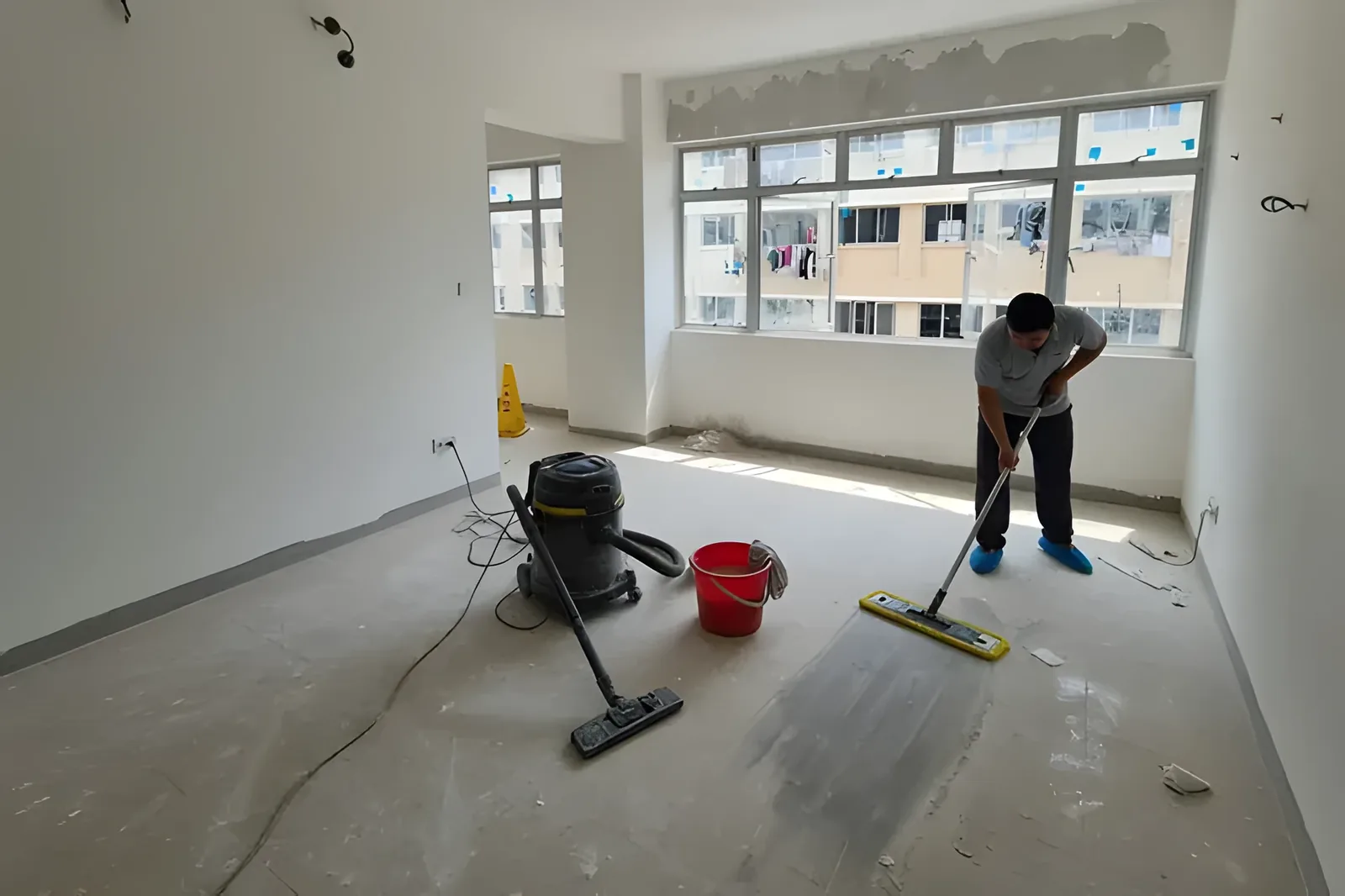 Professional cleaner polishing a concrete floor in a bright, empty room with cleaning equipment