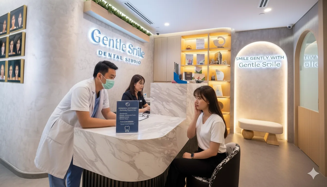Dental clinic reception with staff and patient at marble counter, modern lighting and decor