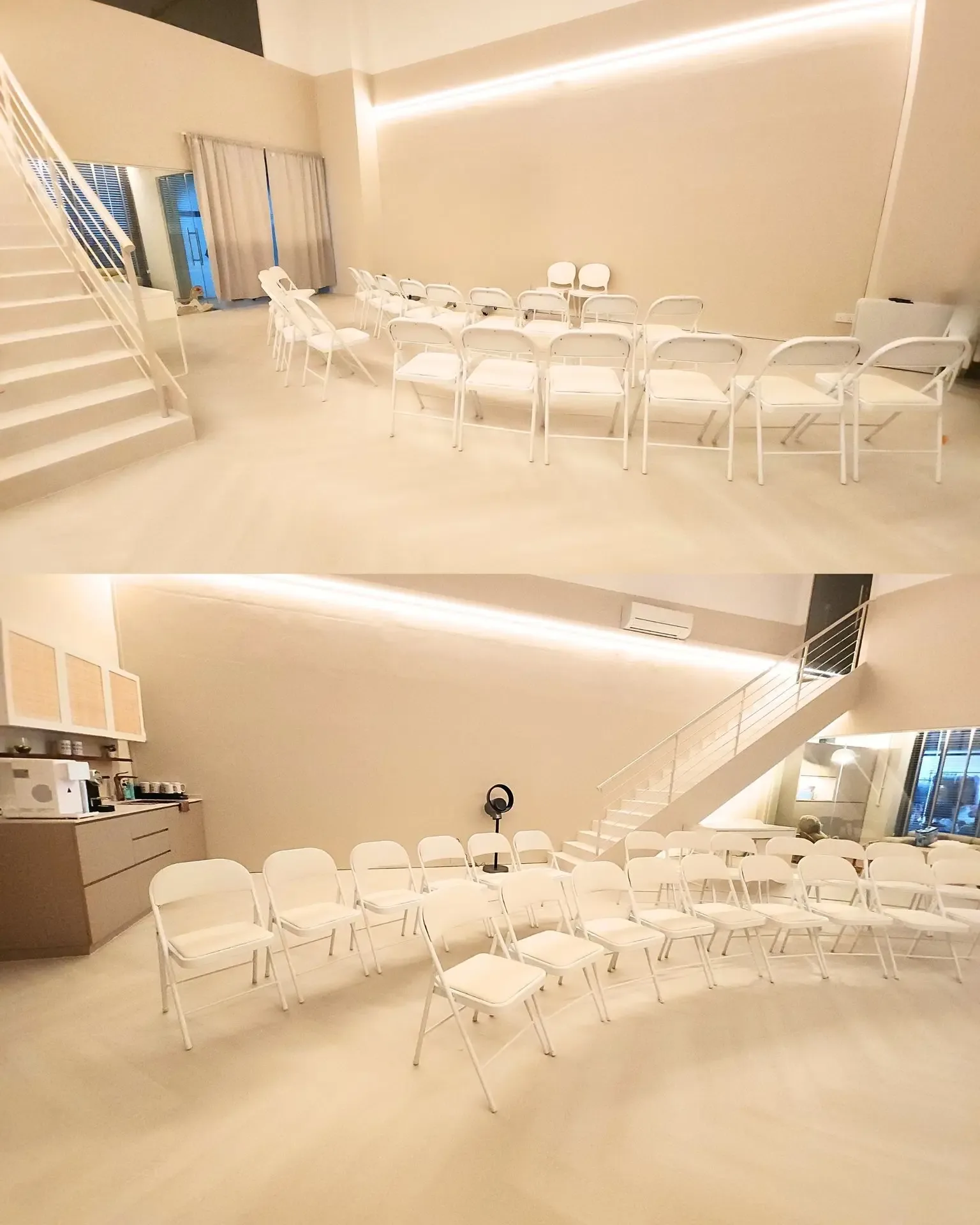 Bright event venue with rows of white chairs and modern minimalist interior design