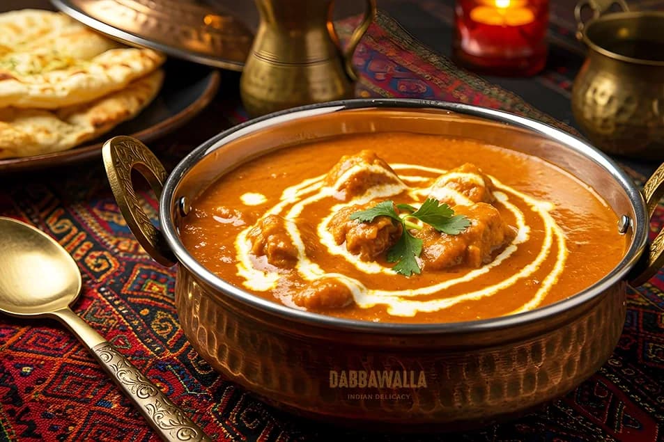 Creamy curry in brass bowl with cream swirl and cilantro garnish, naan bread and table setting