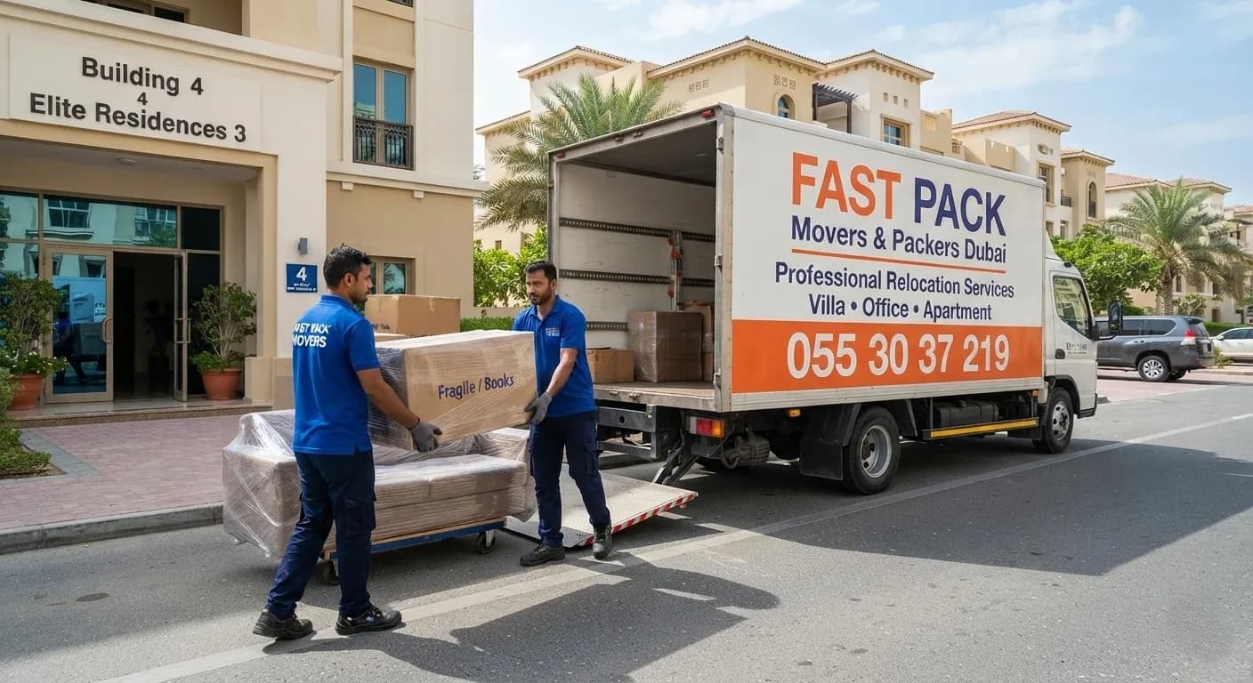Fast Pack movers loading boxes and furniture into a moving truck outside a residential building