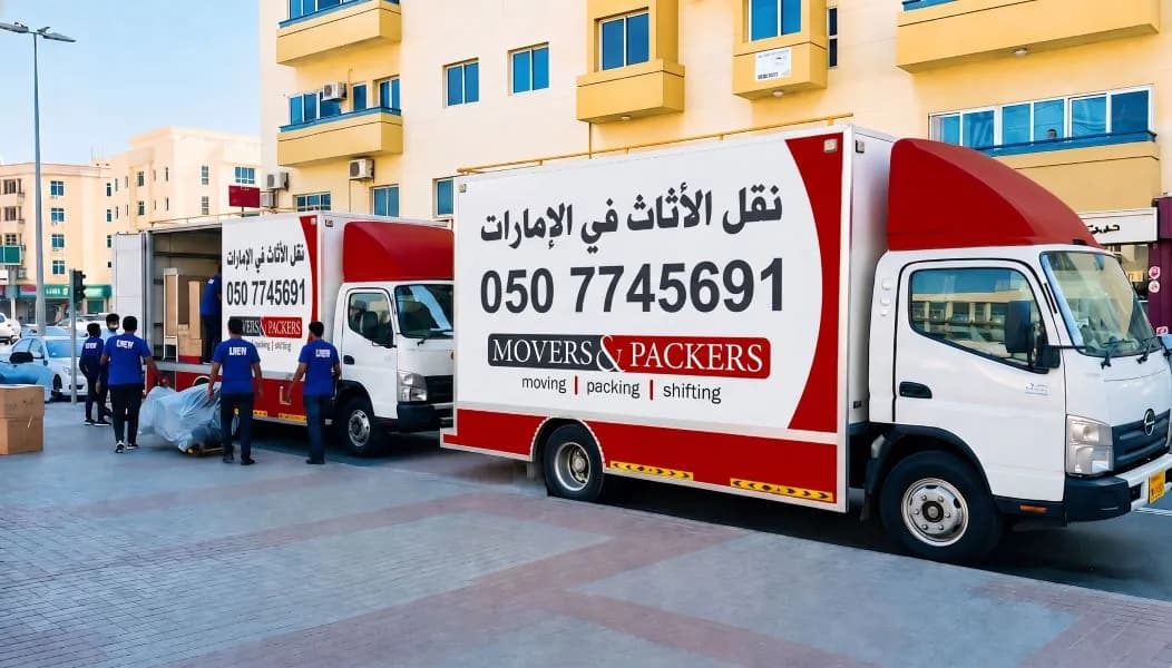 Red and white moving company trucks with staff loading boxes and furniture during a residential move