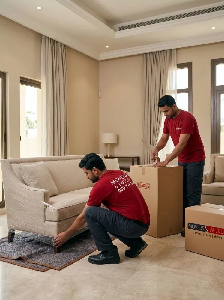 Moving staff pack furniture and boxes in a bright residential space