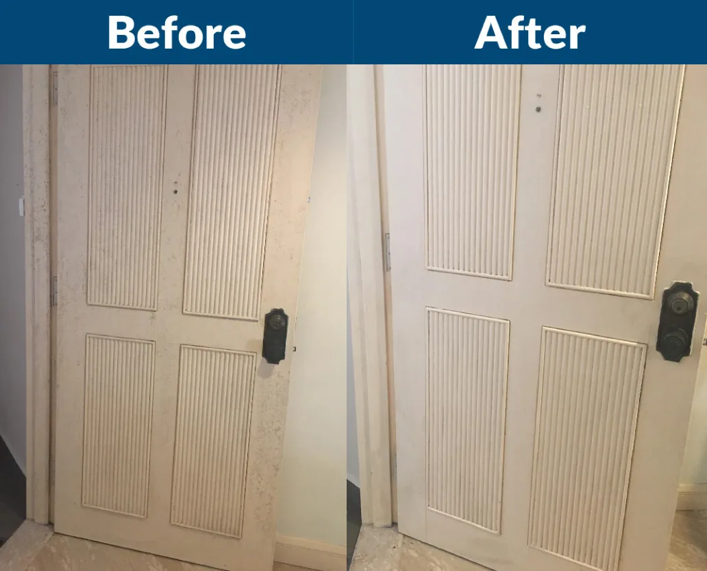 Before and after comparison of cleaned garage doors showing improved appearance and removed grime.