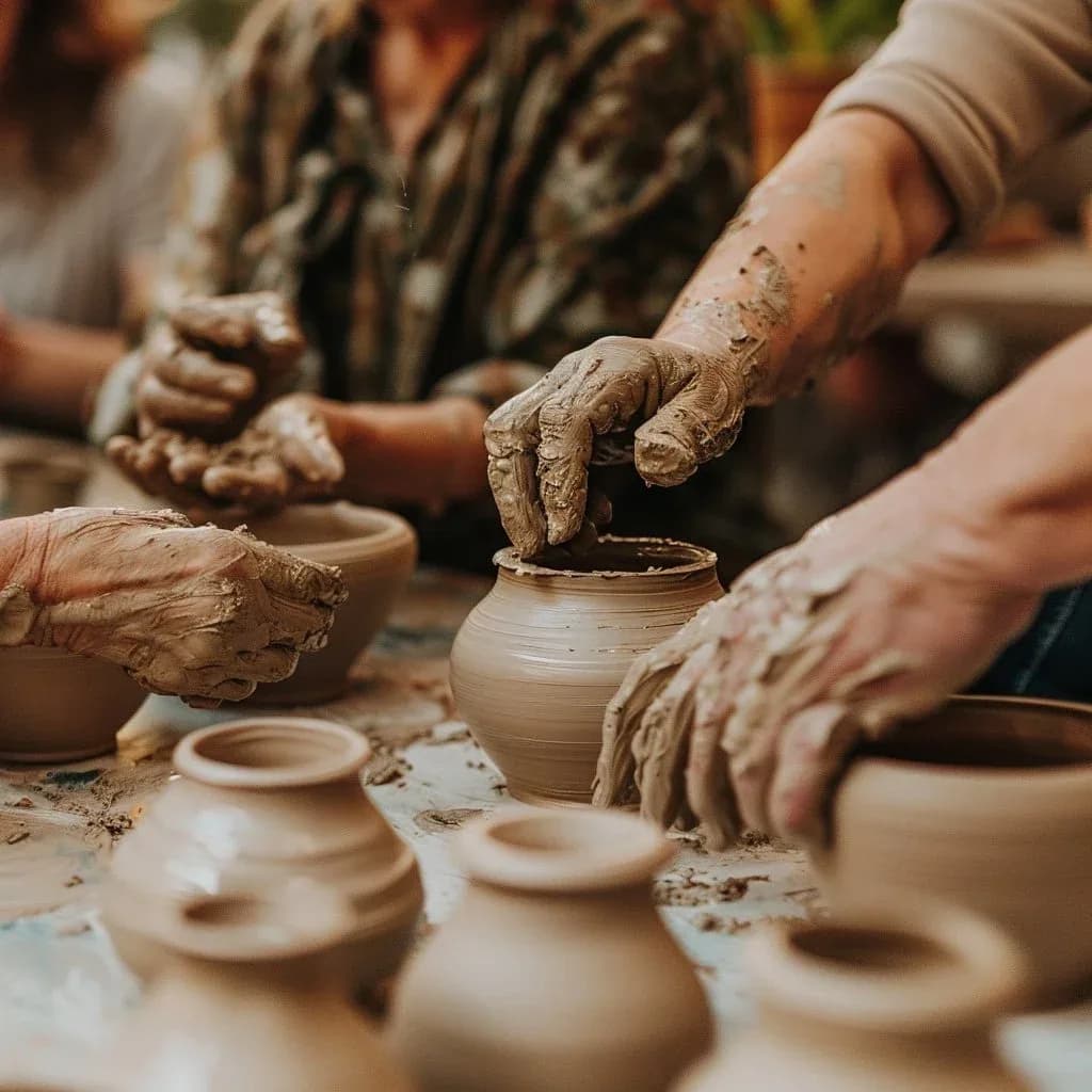 Multiple hands covered in clay shaping pottery on wheels during a workshop