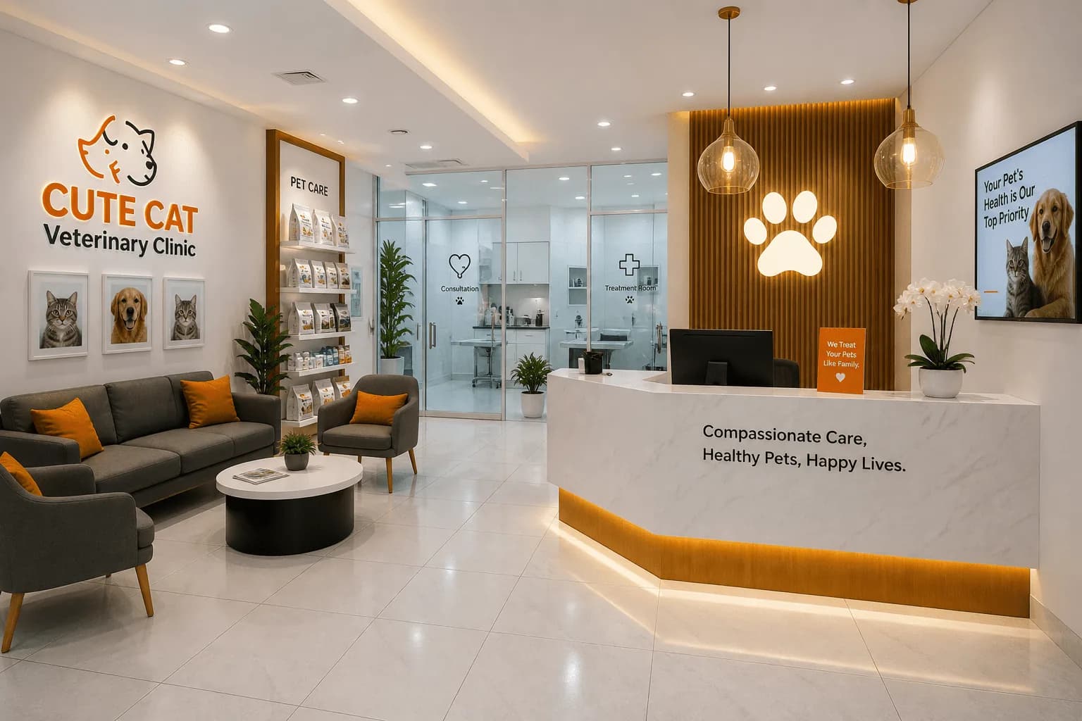 Reception area of Cute Cat Veterinary Clinic with desk, seating, and treatment rooms