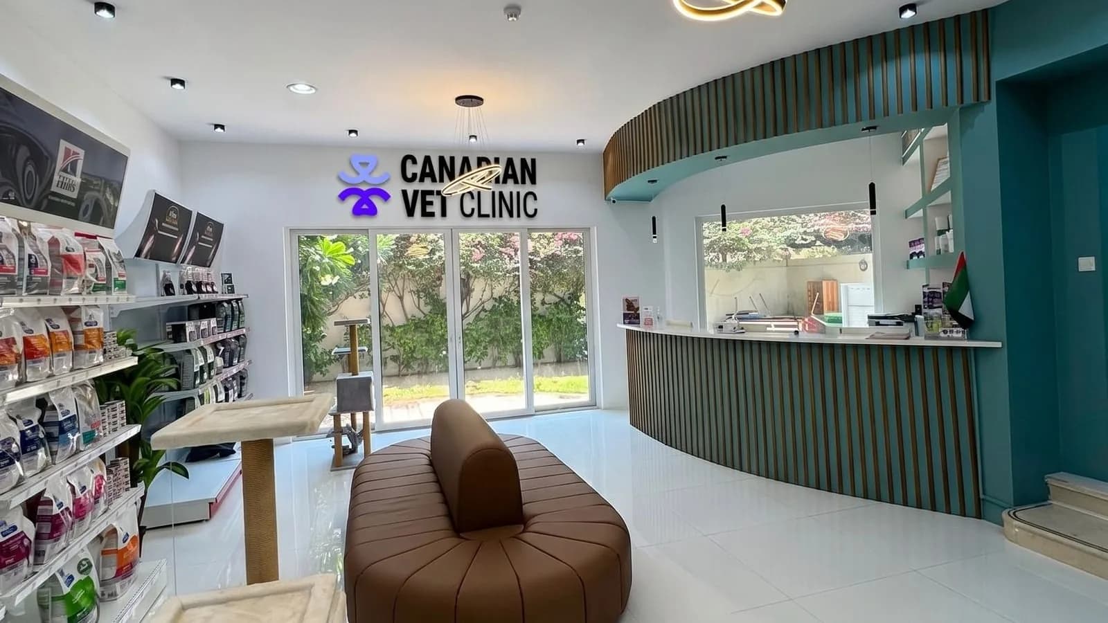 Veterinary clinic reception area with teal design, reception desk, waiting seating, and garden view