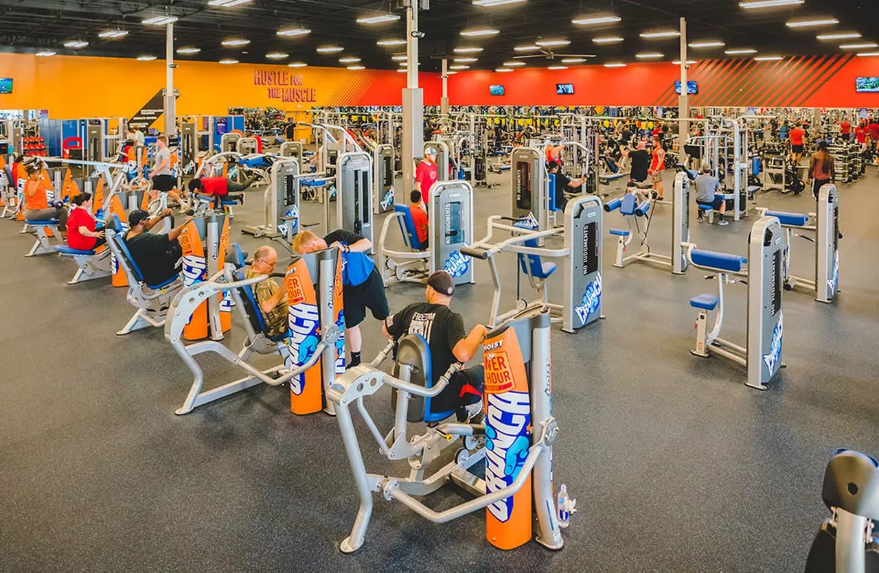 Large gym floor with orange and white exercise equipment, gym members using machines, bright lighting