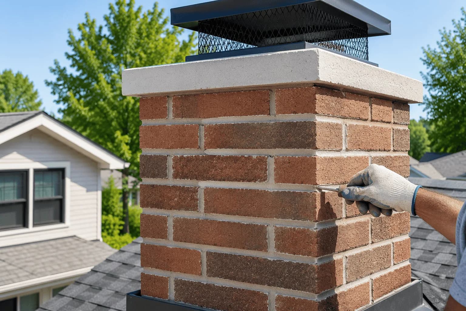 Chimney sweep cleaning red brick chimney exterior on residential home