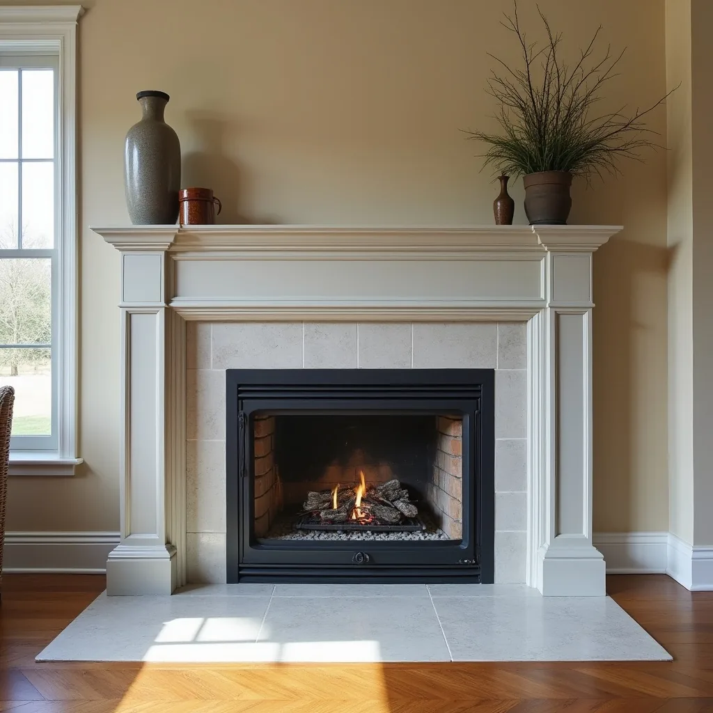 Gas fireplace with black insert, white trim surround, and lit fire with logs glowing inside.