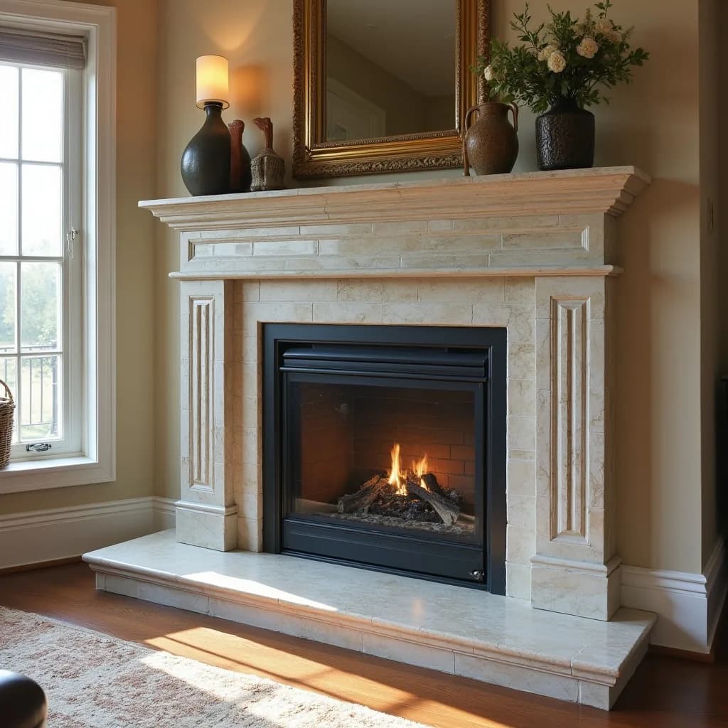 Stone fireplace with gas insert, wooden mantel decorated with vases and mirror, bright living room with windows