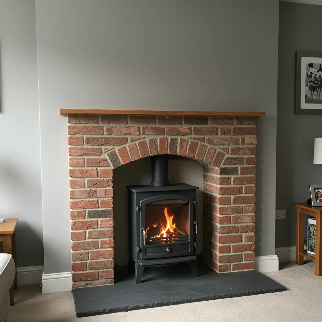 Black wood-burning stove with flames inside brick fireplace with wooden mantel in home