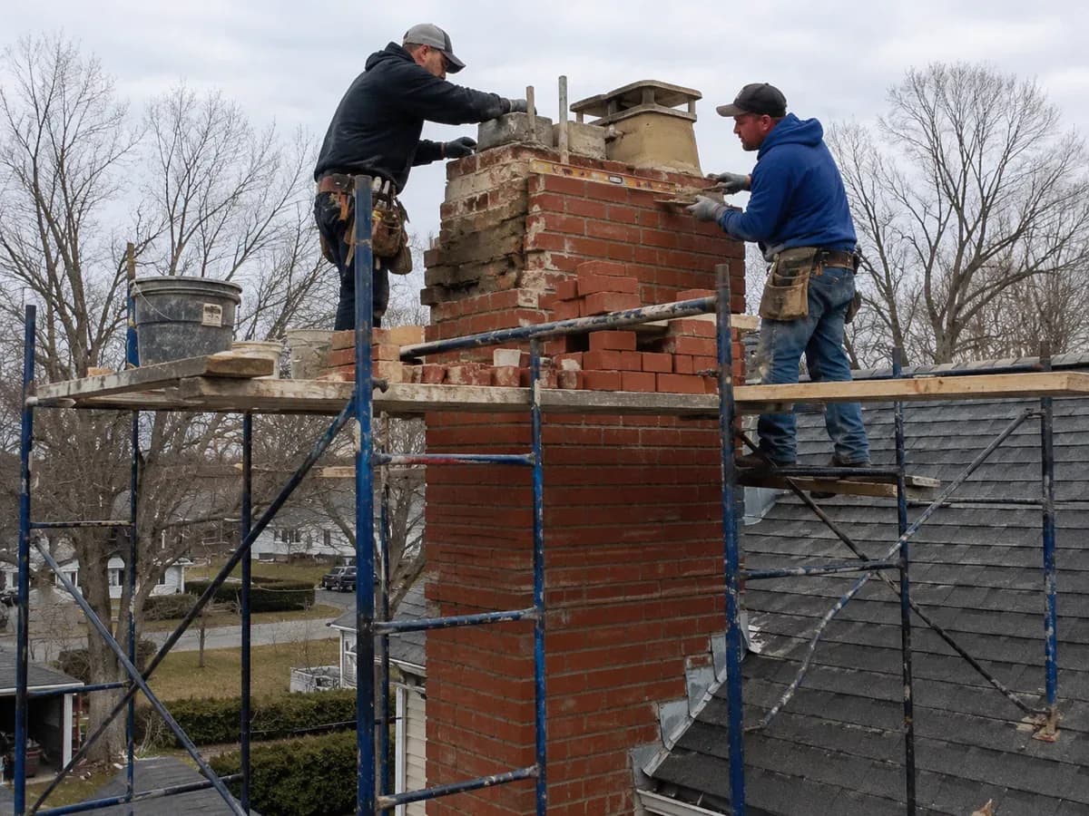 Two chimney technicians on scaffolding rebuild a brick chimney on a residential roof