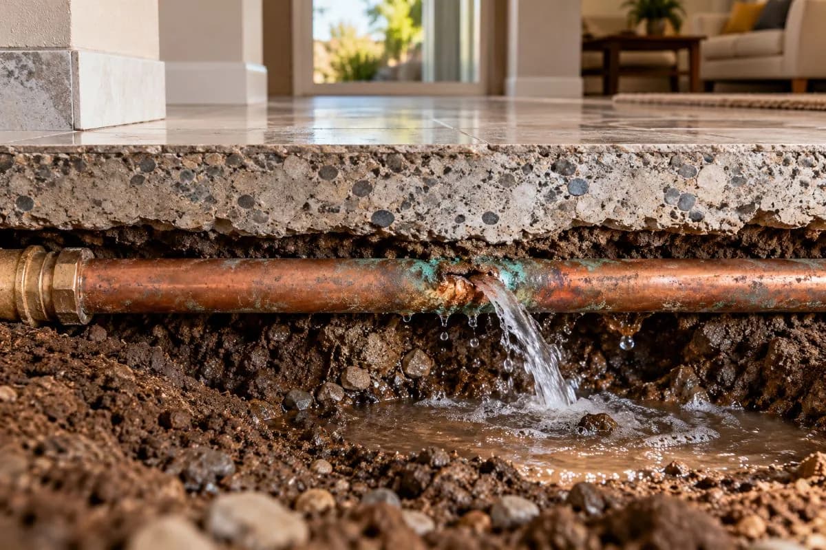 Corroded copper pipe leaking water under concrete foundation and soil