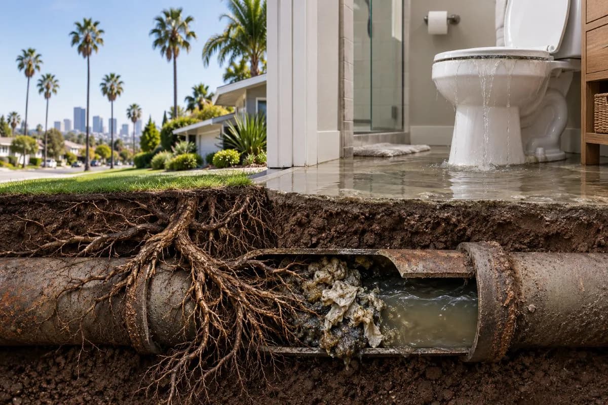 Clogged sewer pipe with tree roots and mineral buildup, bathroom water damage inset