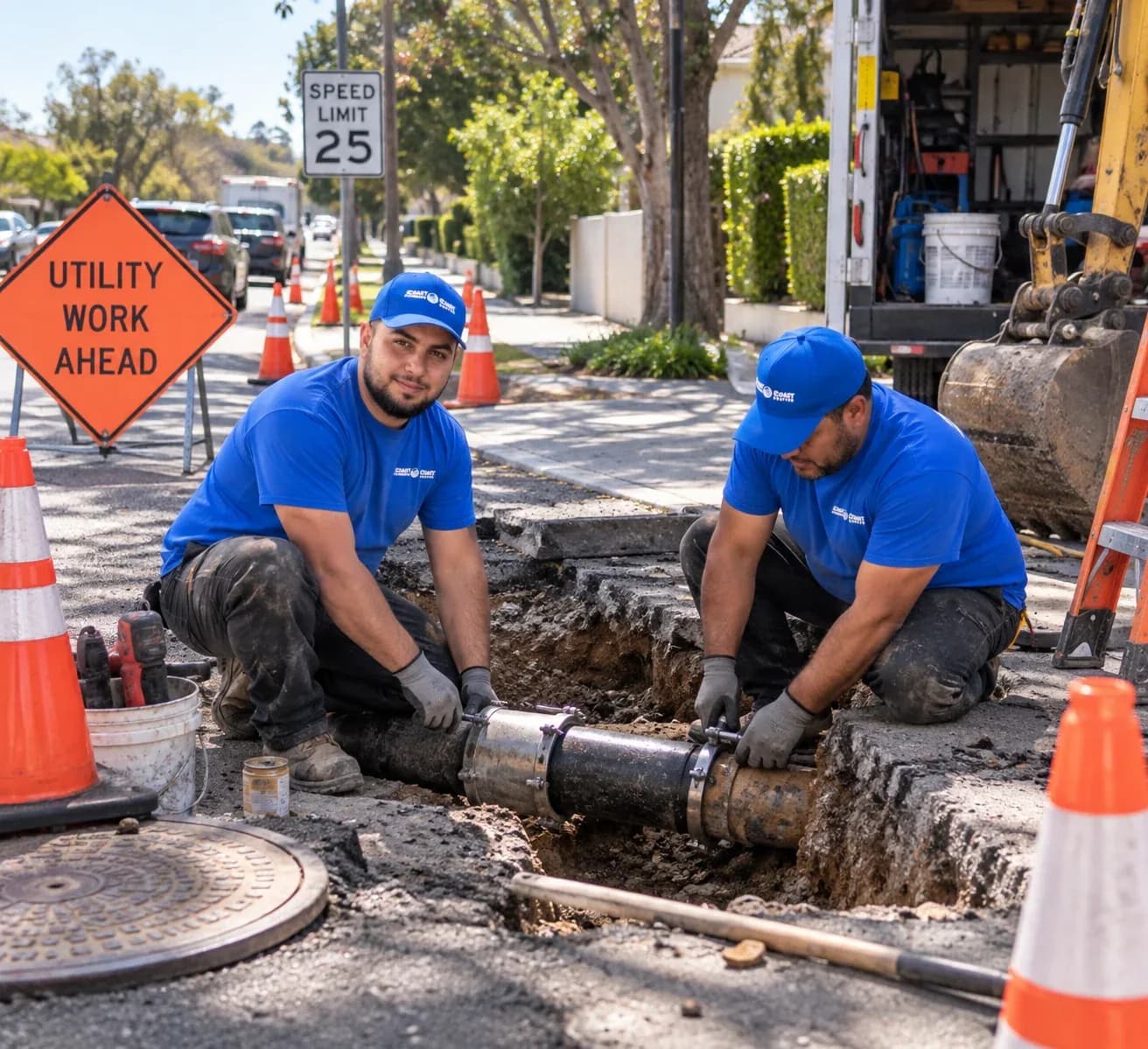Plumbers installing underground utility pipes in residential street trench