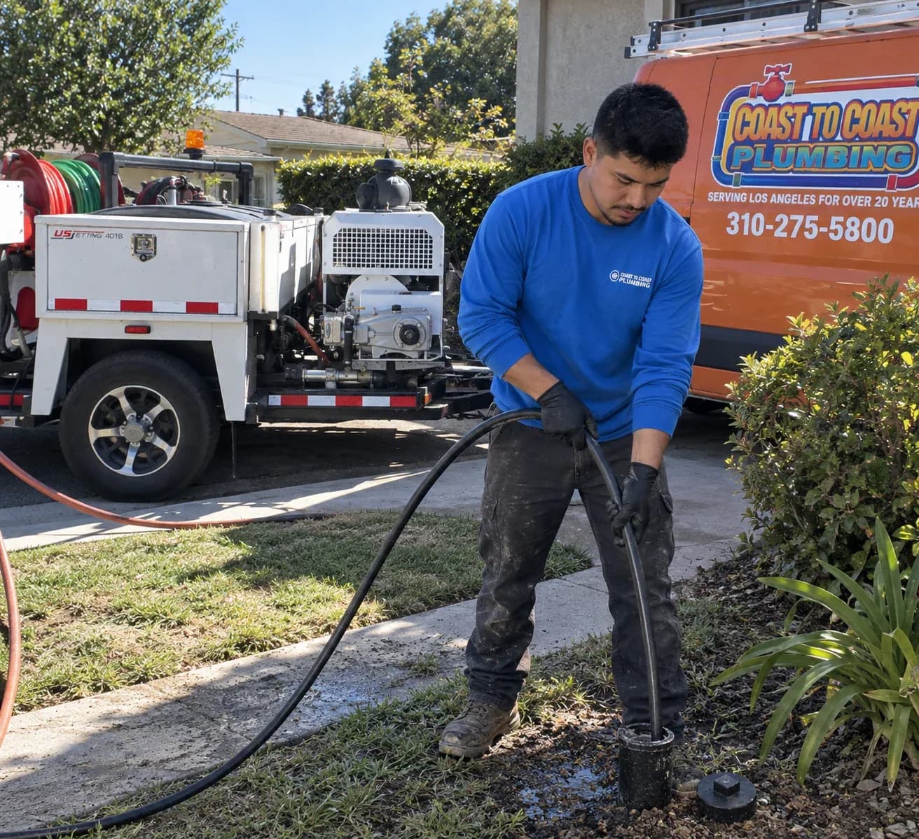 Plumber using drain cleaning equipment on a driveway with company vehicles behind