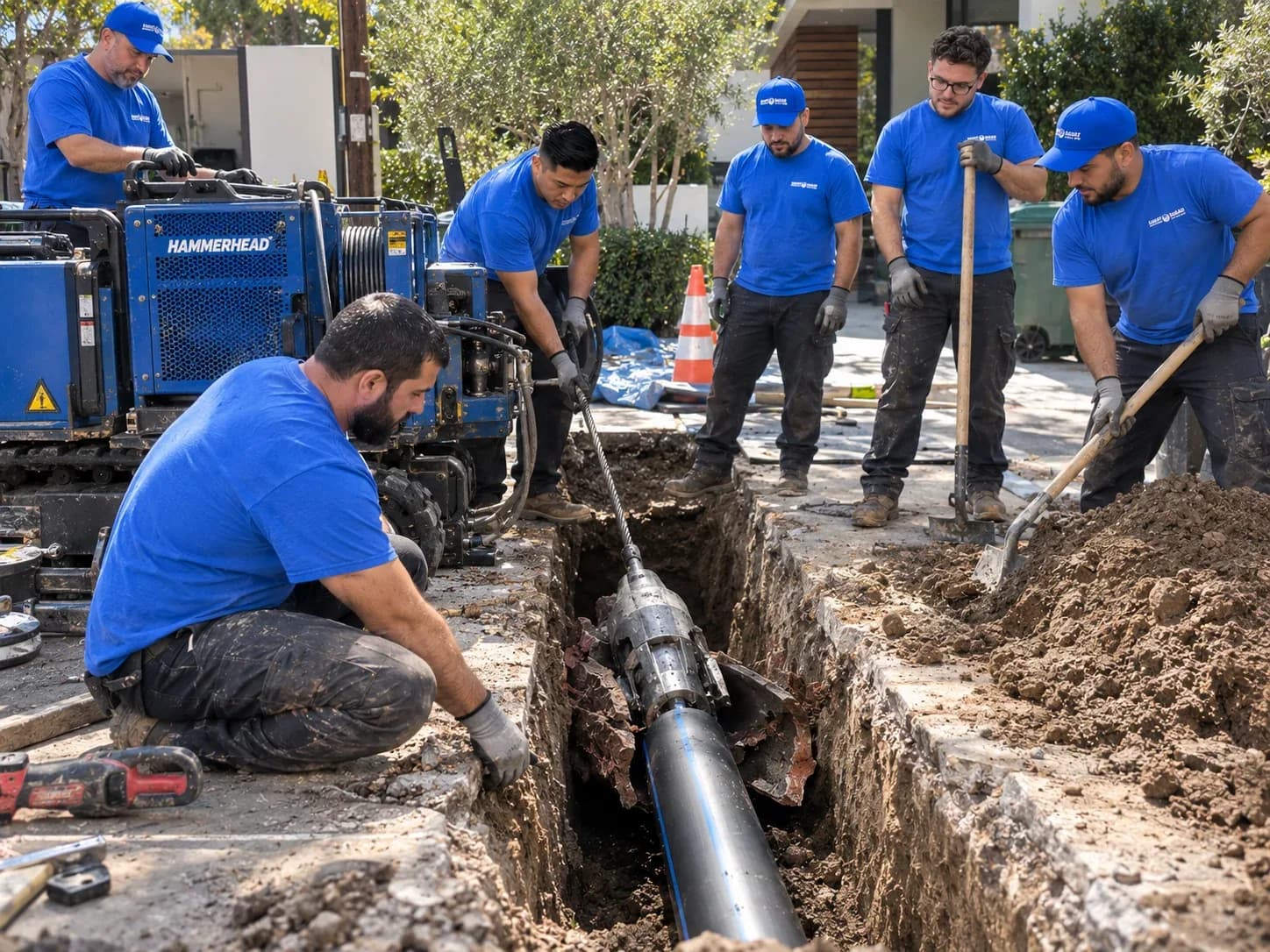 Plumbing team installing pipe in excavated trench with equipment and crew on residential job site