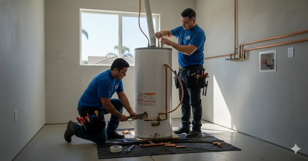 Two plumbers working on water heater installation in a home utility room