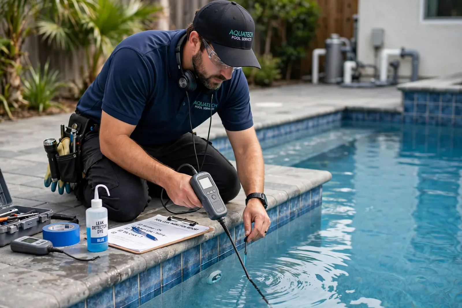 Pool technician testing water quality at residential pool with diagnostic equipment