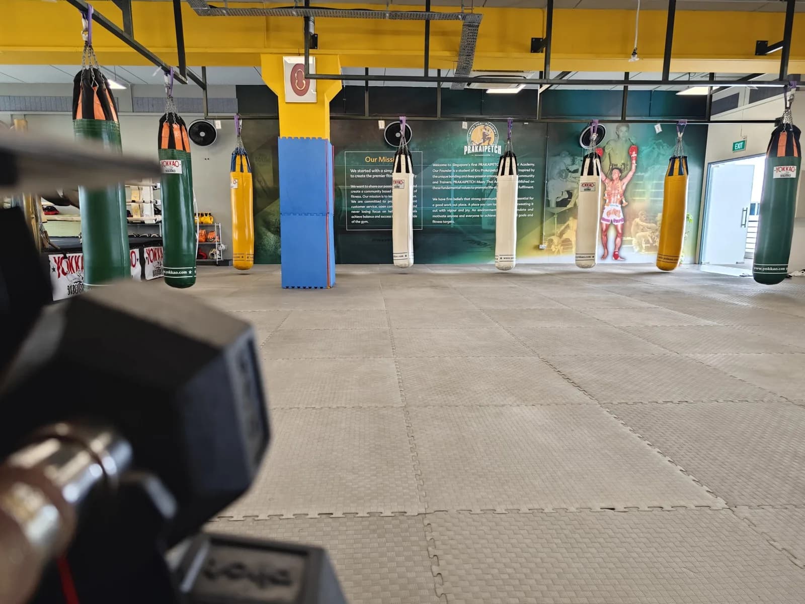 Muay Thai training gym with hanging heavy bags, padded floor, and motivational wall displays
