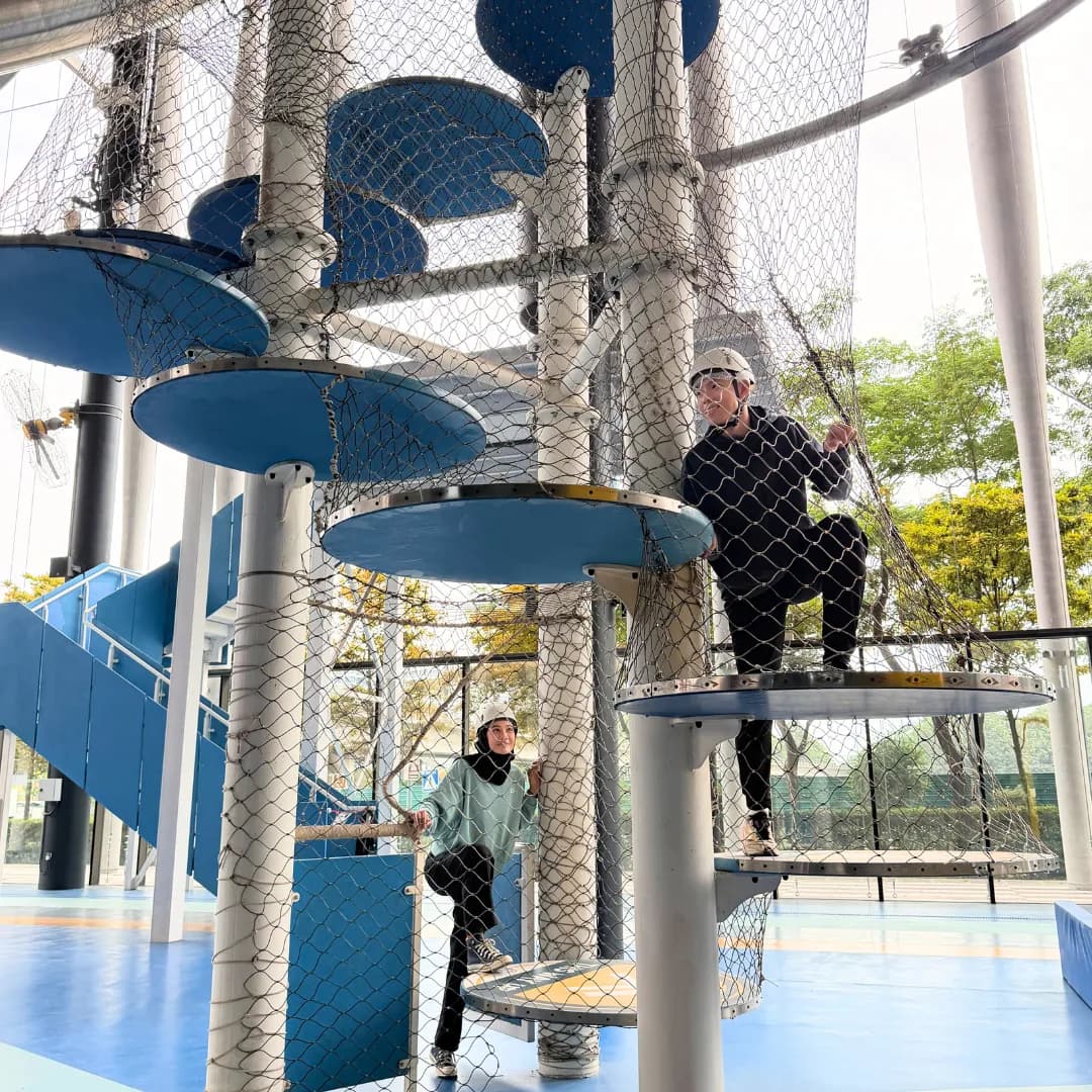 Cat climbing structure with blue platforms and protective netting, visitors on different levels