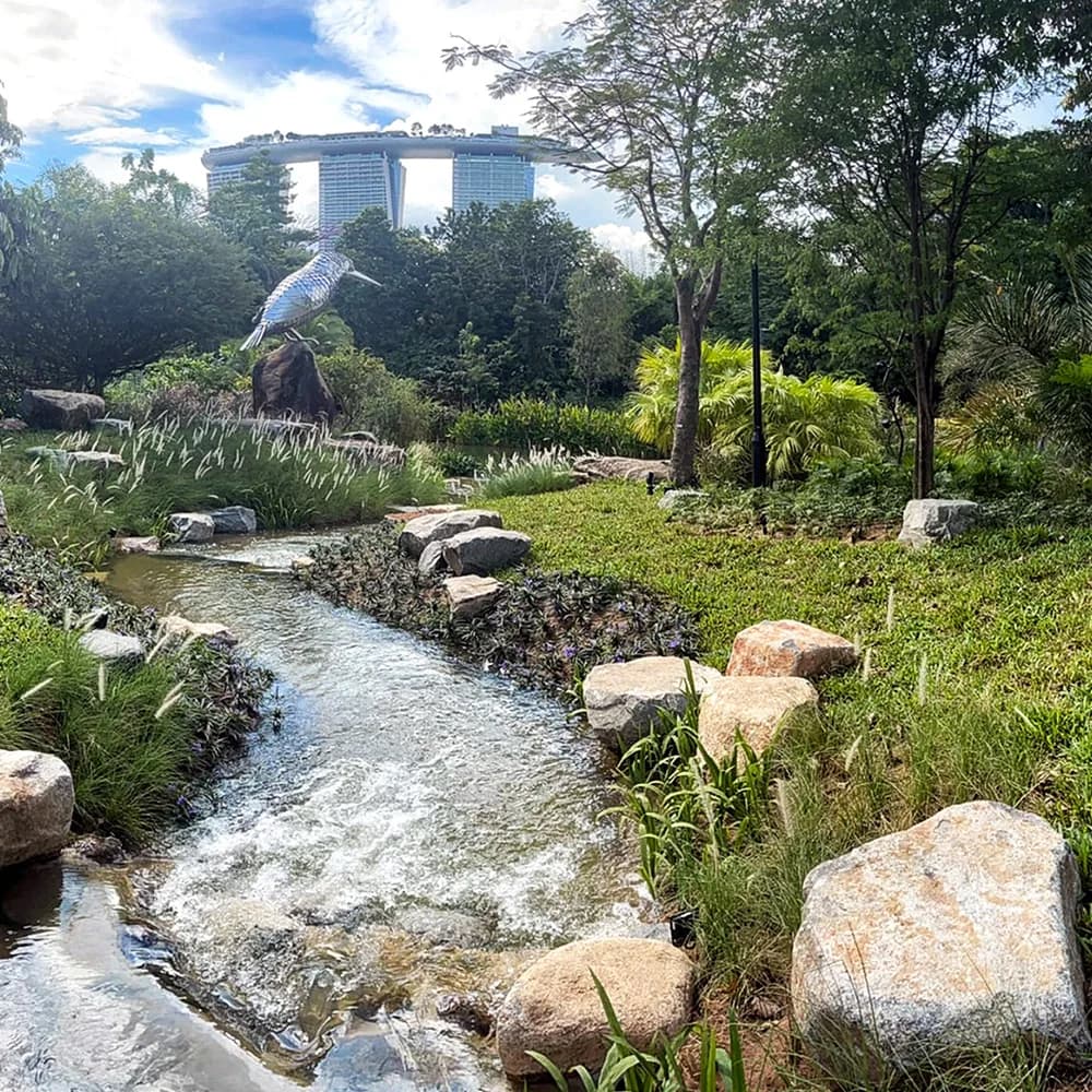 Garden stream with rocks and plants, Marina Bay Sands towers visible behind trees