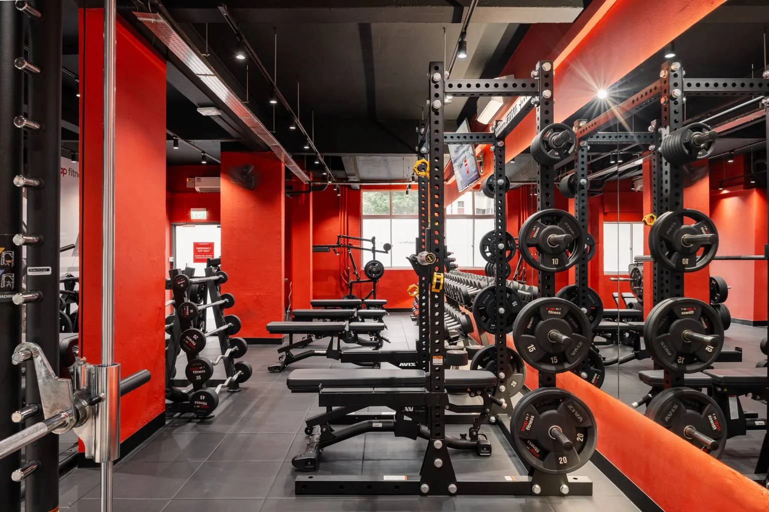 Gym floor with red walls, squat racks, weight plates, and dumbbells