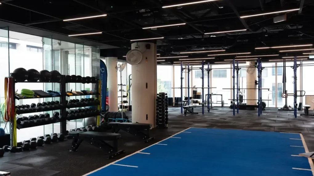 Well-lit gym with free weights, racks, cable machines, and blue flooring with high ceilings.
