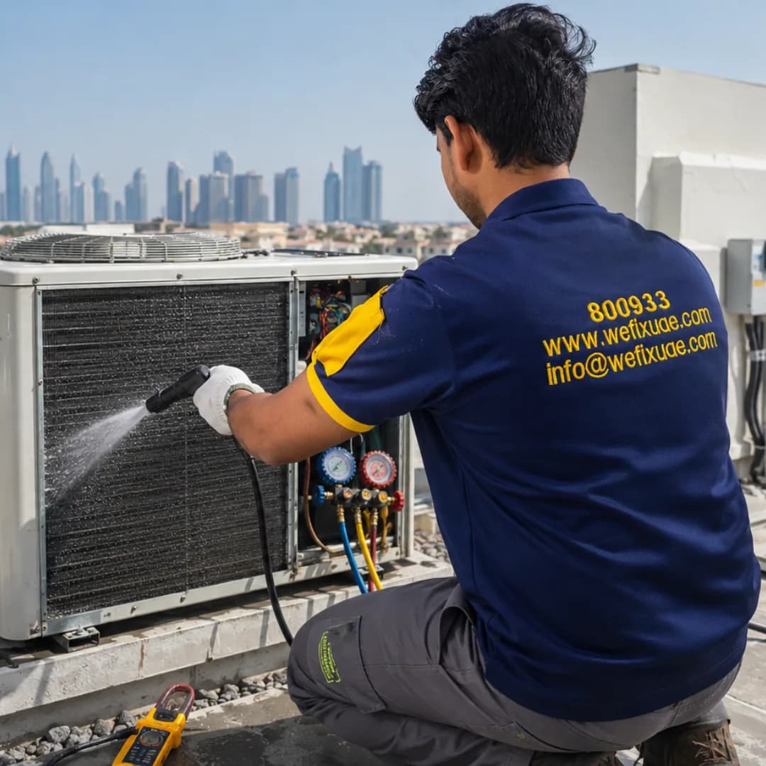 Technician cleaning AC unit on rooftop with Dubai skyline behind