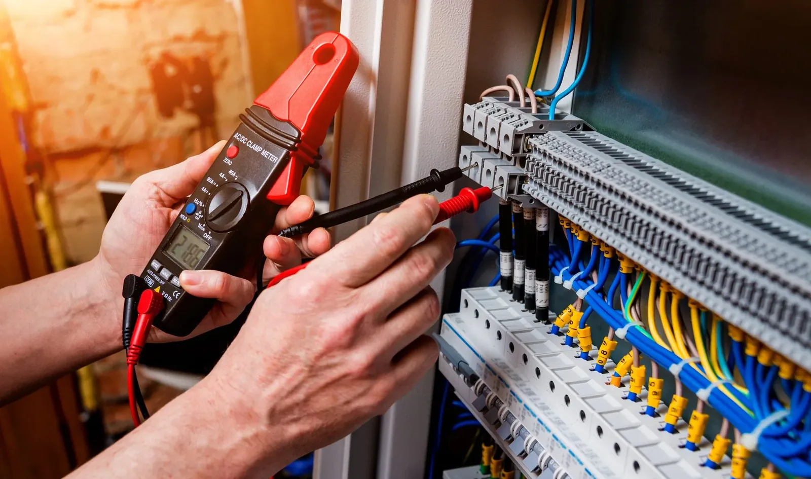 Technician testing electrical panel with clamp meter during maintenance work