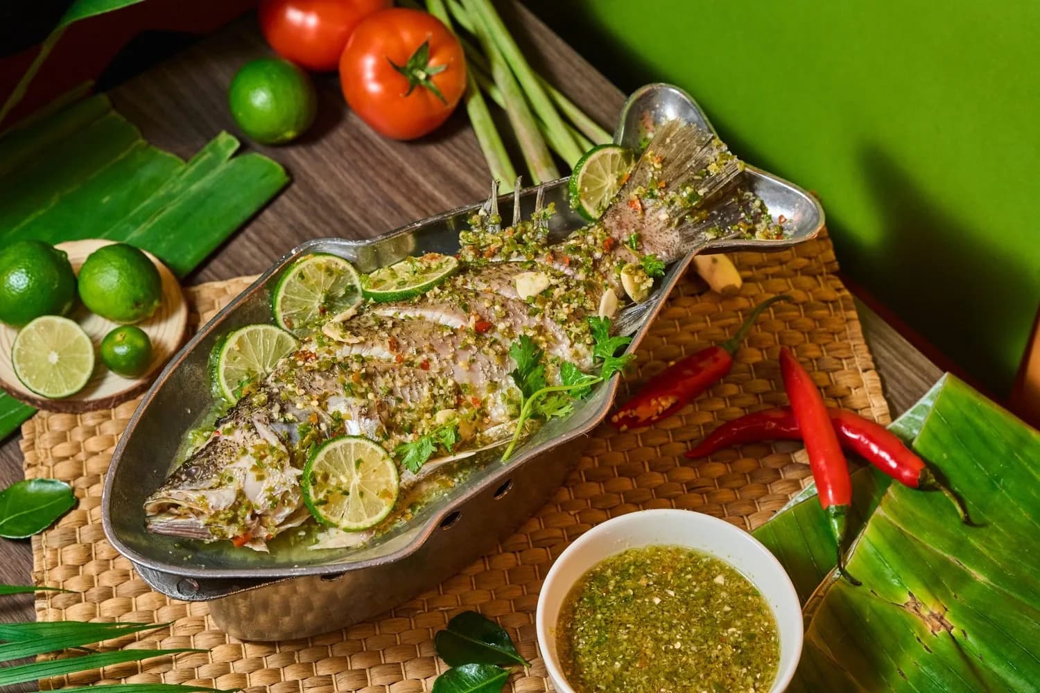 Whole grilled fish with lime, herbs, and sauce on decorative plate with fresh ingredients