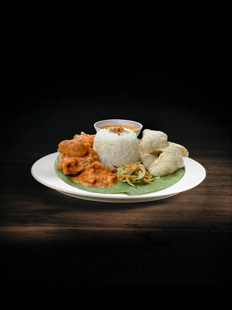 Fried chicken served with steamed rice, spring rolls, and fresh vegetables on white plate