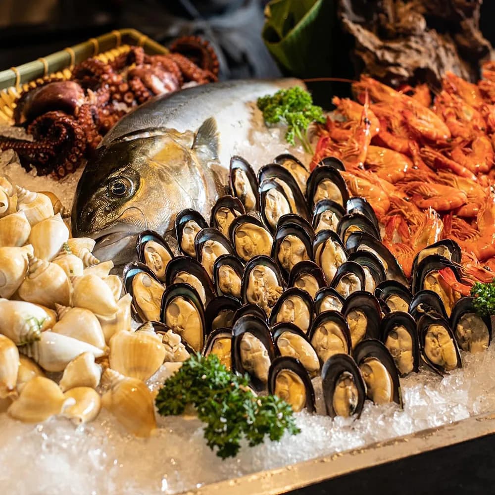 Fresh seafood display with mussels, fish, octopus, and prawns arranged on ice