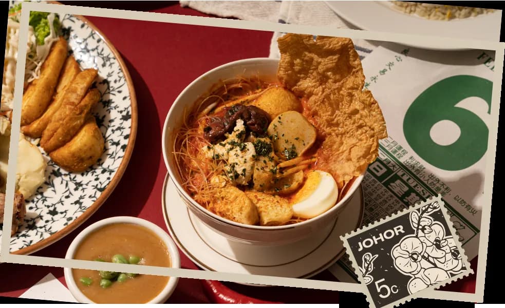 Spiced noodle soup with fried chicken skin, egg, and fried dough sticks on patterned plates